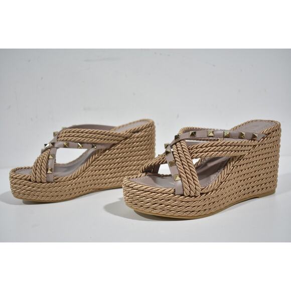 Valentino Rockstud Torchon Poudre Nude Cord Rope Wedge Backless Slide Sandal 42 - Picture 10 of 12